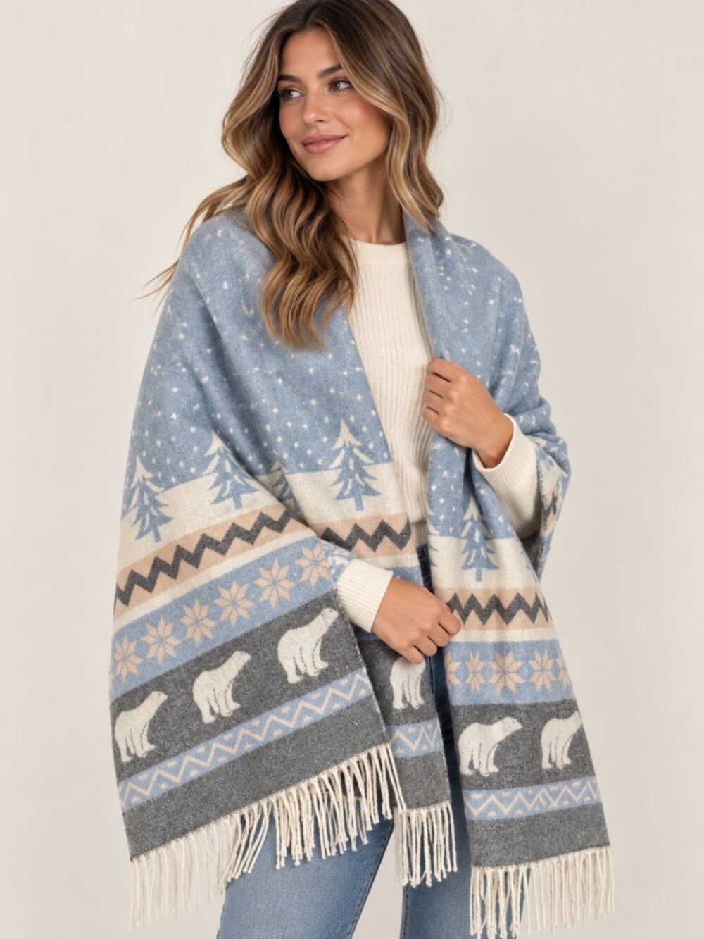 Vintage Made in France Polar Bear Winter Scarf Wrap Blue Nordic Après Ski Fringe